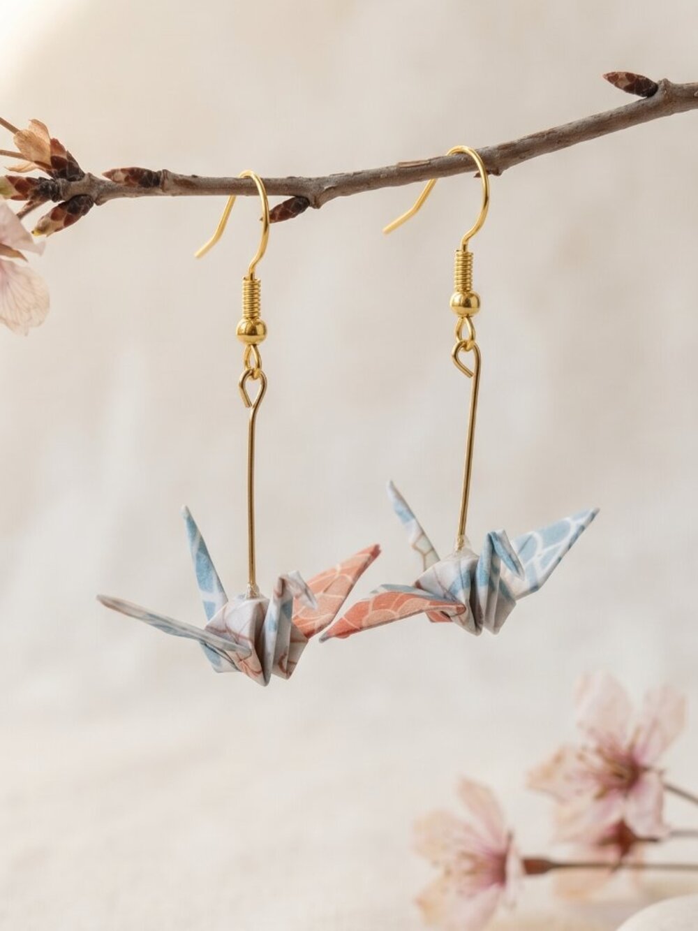 Handmade Origami Crane Earrings | Japanese Chiyogami Yuzen Paper